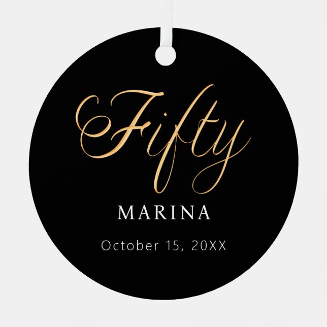 Black gold script name 50th birthday metal ornament (Front)