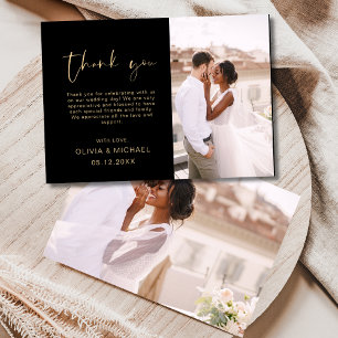 Black Gold Script Photo Wedding Thank You Card