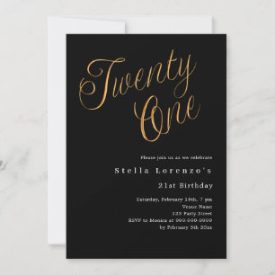 Black gold script simple 21st birthday luxury invitation