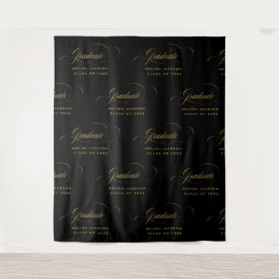 Black & Gold Script Step & Repeat Graduation Party Tapestry