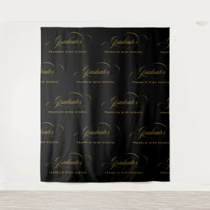 Black & Gold Script Step & Repeat Graduation Tapestry
