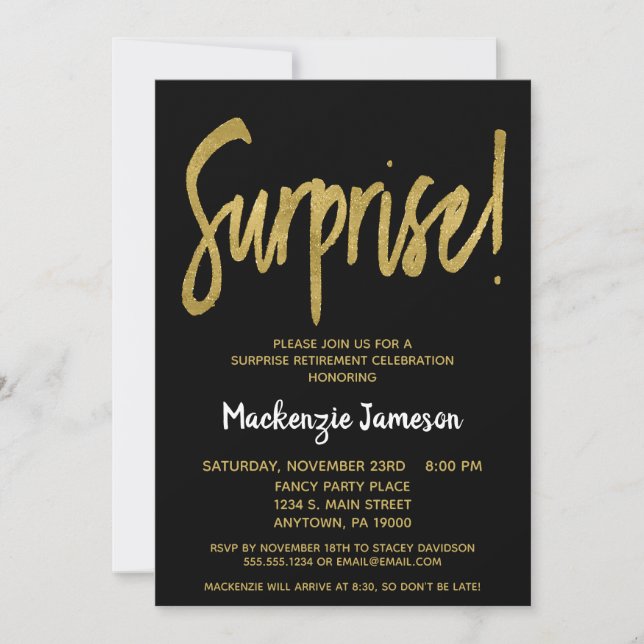 Black Gold Script Surprise Retirement Invitation (Front)