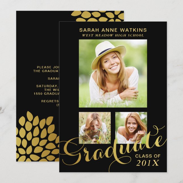Black Gold Script Three Photo Graduation Invitation (Front/Back)