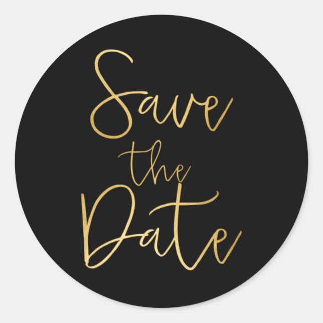 Black & Gold Script Type SAVE THE DATE Sticker (Front)
