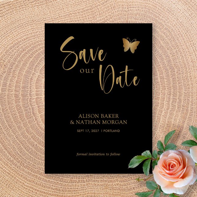 Black & Gold Script with Glitter Butterfly Wedding Save The Date (Black & Gold Script with Glitter Butterfly Wedding Save The Date)