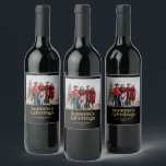 Black & Gold Season's Greetings Christmas Photo Wine Label<br><div class="desc">Celebrate the season with this holiday photo wine label. This design features stylish gold lettering "Season's Greetings" with custom text on a black background. You can personalize the text and insert your photo. More Christmas gift designs are available at my shop BaraBomDesign.</div>