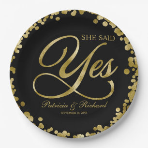 Black Gold She Said Yes Engagement Party Paper Plate