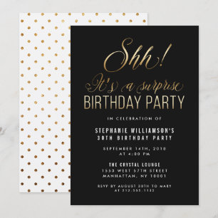 Black & Gold Shh! It's A Surprise Birthday Party Invitation