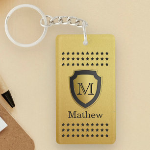 Black Gold Shield Monogram Name Star Pattern Manly Keychain