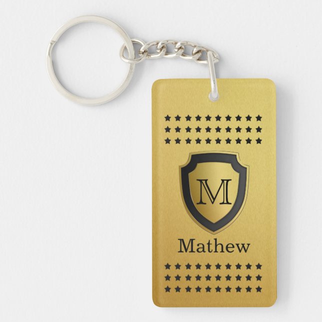 Black Gold Shield Monogram Name Star Pattern Manly Keychain (Front)