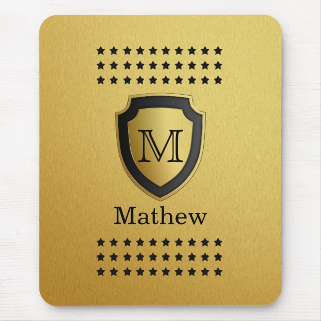 Black Gold Shield Monogram Name Star Pattern Manly Mouse Pad (Front)
