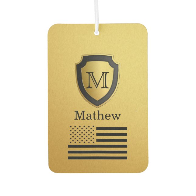 Black Gold Shield USA Flag Monogram Name Manly Car Air Freshener (Front)