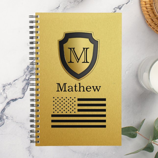 Black Gold Shield USA Flag Monogram Name Manly Planner (Creator Uploaded)