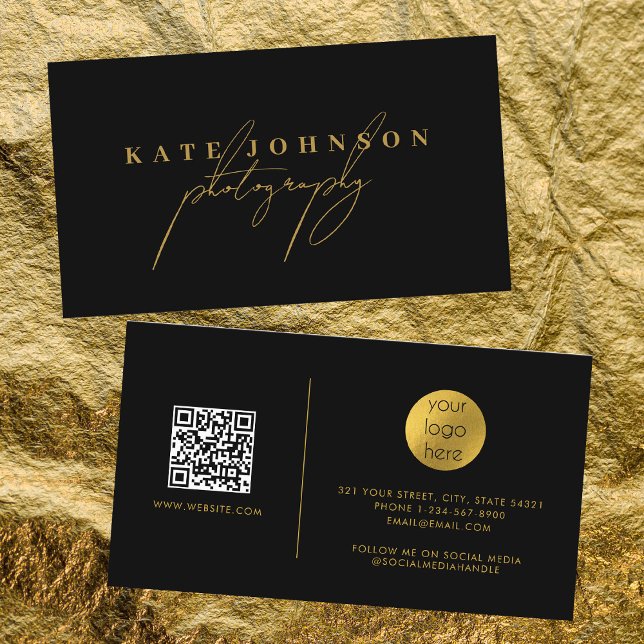 Black Gold Signature Script QR Code Social Media  Business Card (Creator Uploaded)