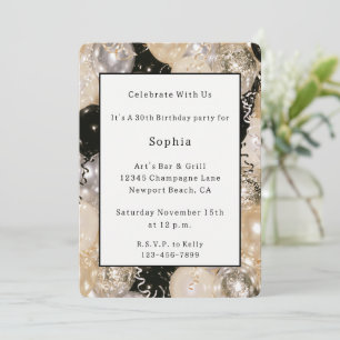 Black Gold Silver Balloons Birthday Invitation
