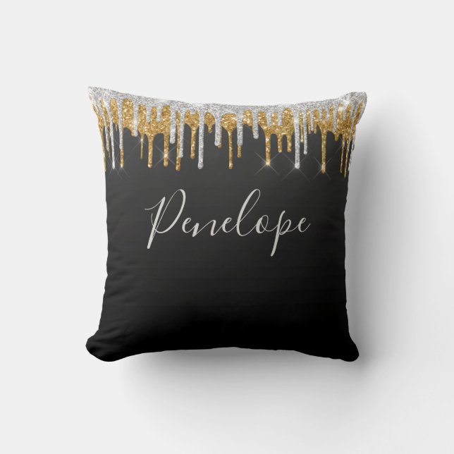 Black Gold Silver Glitter Drip Elegant Monogram Throw Pillow (Front)