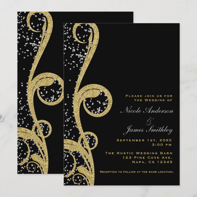 Black Gold & Silver Glitter Elegant Swirl Wedding Invitation (Front/Back)