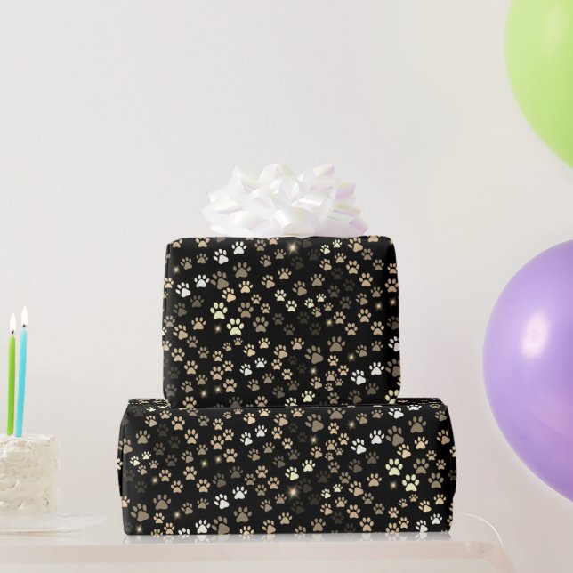 Black Gold Silver Paw Prints Wrapping Paper (Party Gifts)