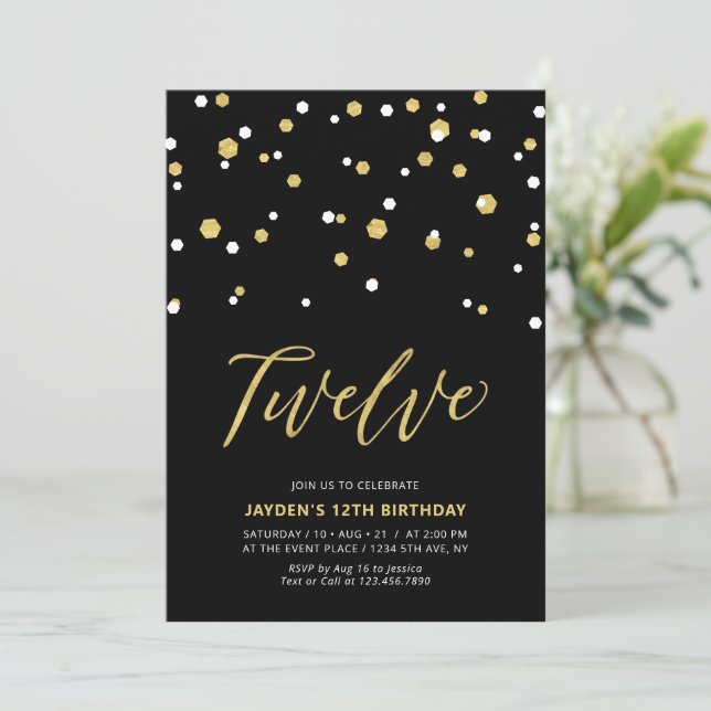 Black & Gold Simple 12th Teen Birthday Party Invitation (Standing Front)