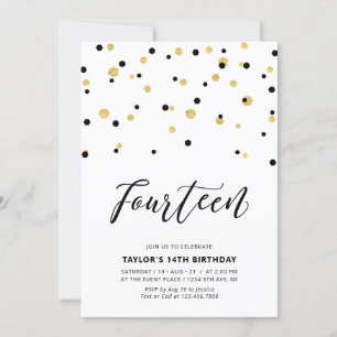 Black & Gold Simple 14th Teen Birthday Party Invitation