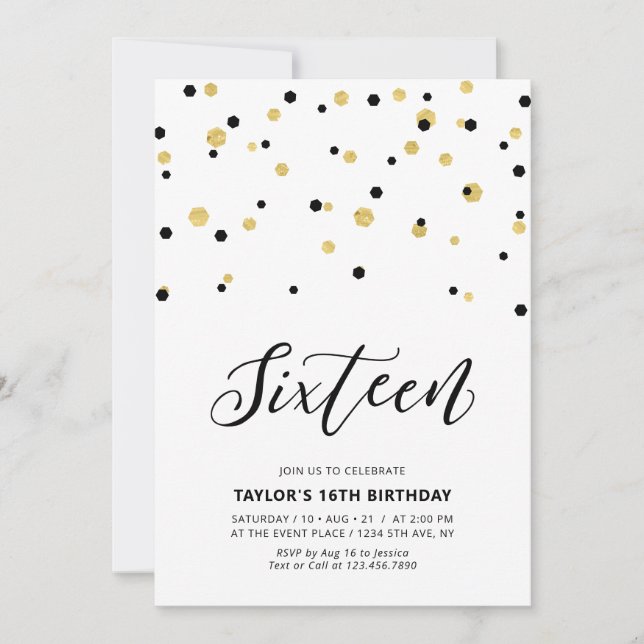 Black & Gold Simple 16th Teen Birthday Party Invitation (Front)