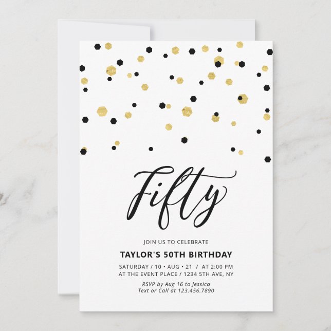 Black & Gold Simple Fifty 50th Birthday Party Invi Invitation (Front)