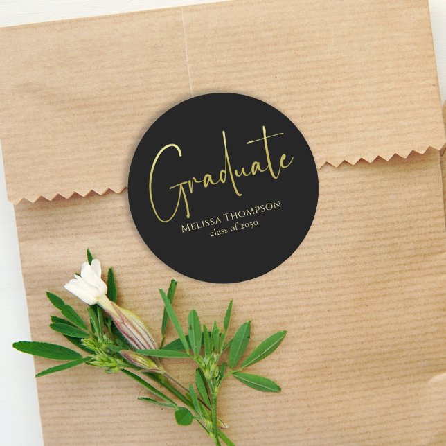 Black & Gold Simple Graduation Round Classic Round Sticker (Black and gold minimalist graduation round sticker for stylish party decor. 🎓✨)