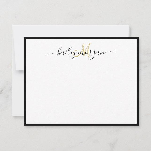 Black gold simple minimalist monogram script name card (Front)