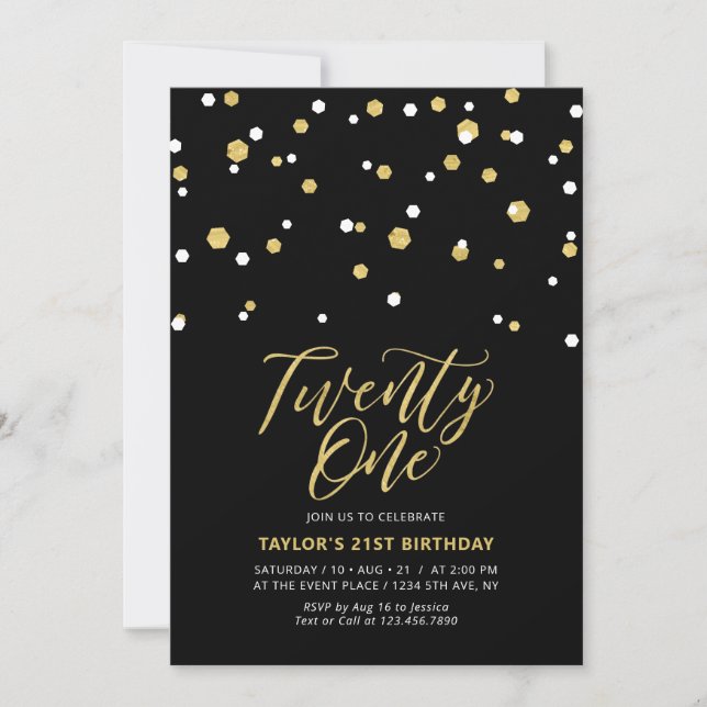 Black & Gold Simple Twenty One 21st Birthday Party Invitation (Front)