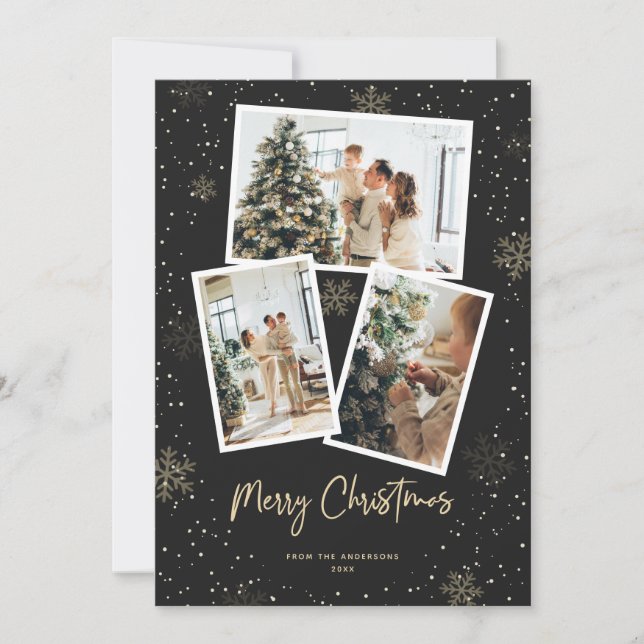Black Gold Snowflake Photo Joyeuse carte de Noël (Devant)