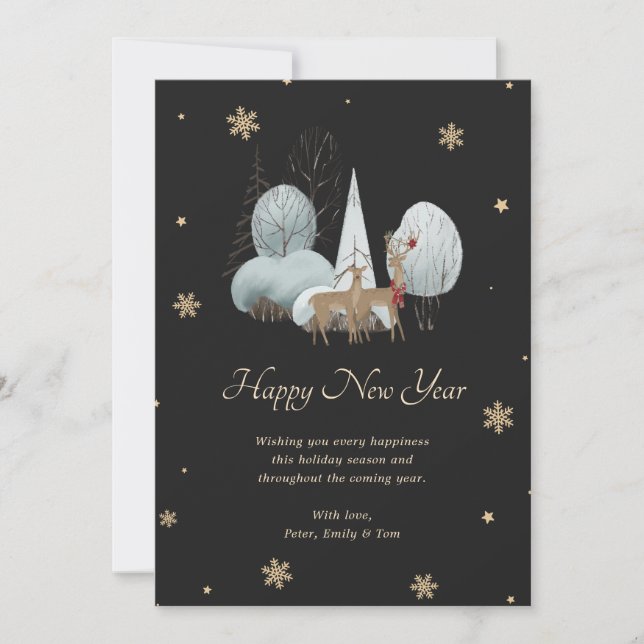Black Gold Snowflake Reindeer Happy New Year Card (Front)