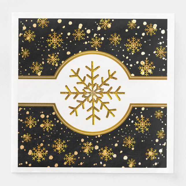 Black| Gold Snowflakes Christmas Holiday Napkin (Front)