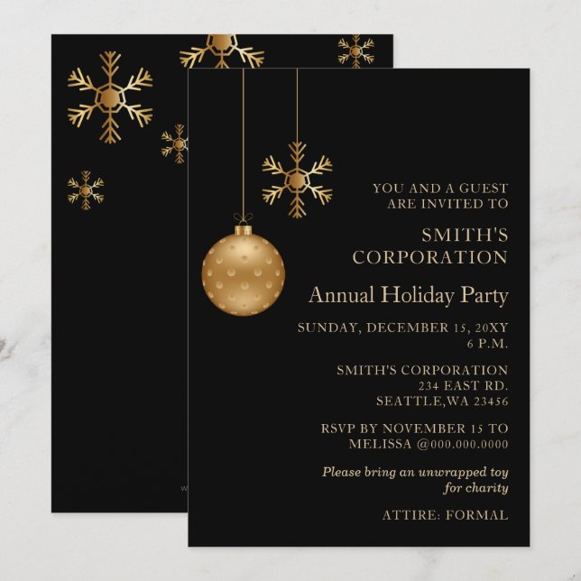 Black Gold Snowflakes Corporate Holiday Party Invitation (Front/Back)