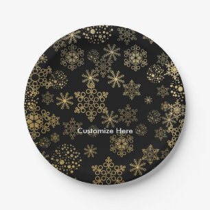 Black & Gold Snowflakes Holiday Party Plates