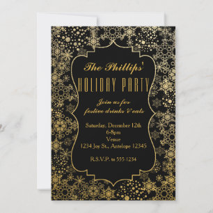 Black & Gold Snowflakes Modern Holiday Invitations