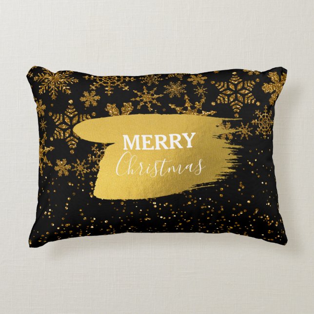 Black & Gold Snowflakes Stars Merry Christmas Accent Pillow (Front)