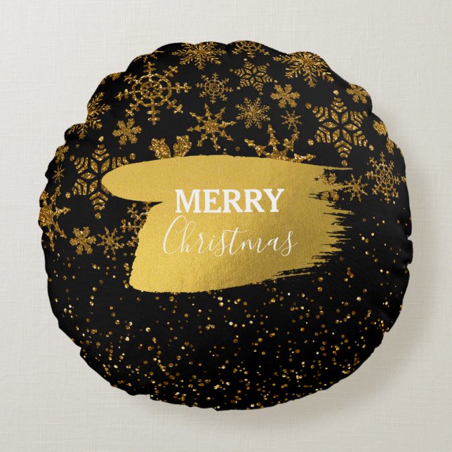 Black & Gold Snowflakes Stars Merry Christmas  Round Pillow (Front)
