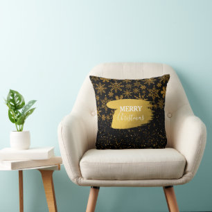 Black & Gold Snowflakes Stars Merry Christmas Throw Pillow