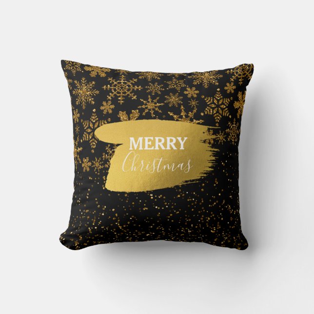 Black & Gold Snowflakes Stars Merry Christmas Throw Pillow (Front)