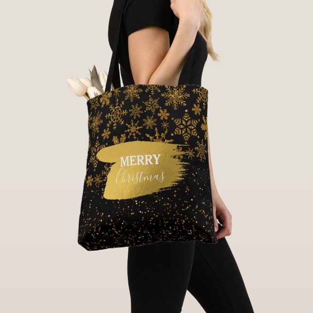 Black & Gold Snowflakes Stars Merry Christmas Tote Bag (Close Up)