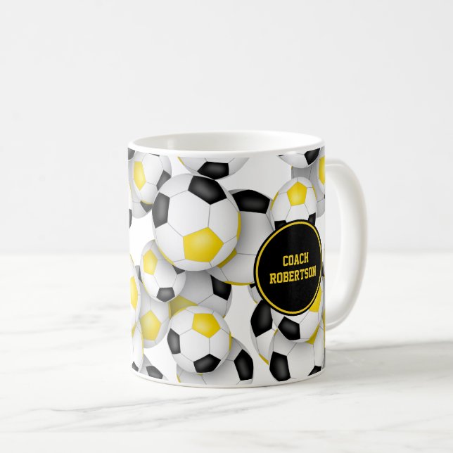 Black gold soccer team colours coach name coffee mug (Front Right)