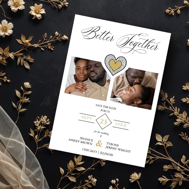 Black & Gold Sophisticated Better Together Phrase (Sophisticated Better Together Quote Black Fake Gold and Fake Lace Effect Heart 2 Photos Collage.)