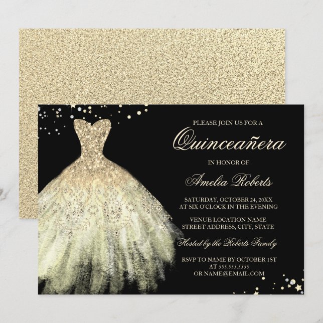 Black Gold Sparkle Dress Quinceanera Invitation (Front/Back)