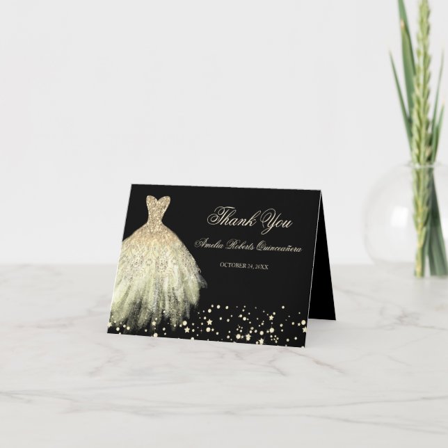 Black Gold Sparkle Dress Quinceanera Thank You (Front)