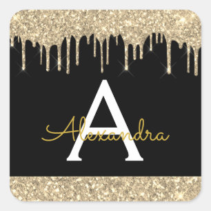 Black Gold Sparkle Glitter Monogram Square Sticker