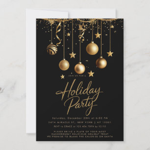 Black Gold Sparkle Ornaments Christmas Party Invitation