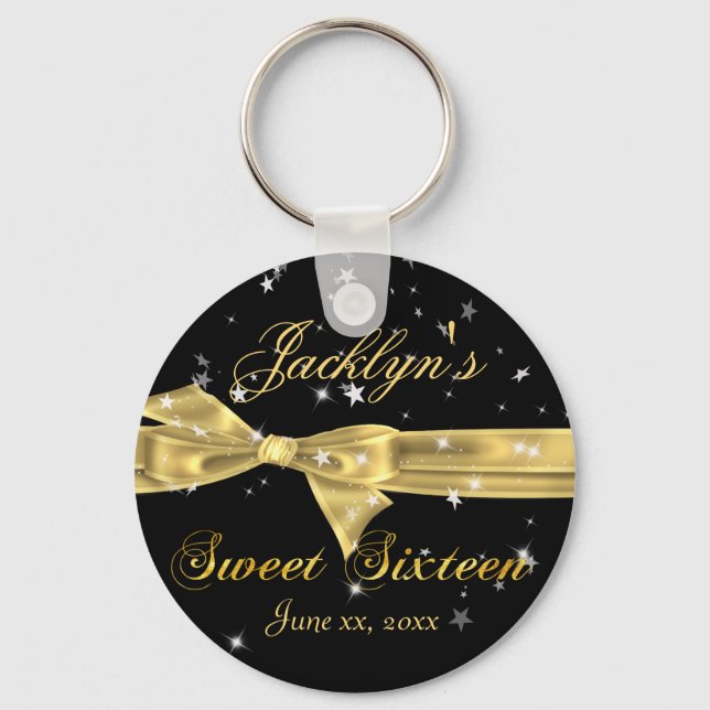Black, Gold Sparkle Sweet Sixteen Party Favour Keychain (Front)