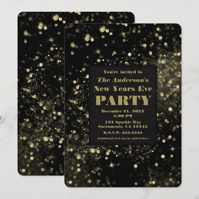 Black & Gold Sparkling Lights New Years Eve Party Invitation (Front/Back)