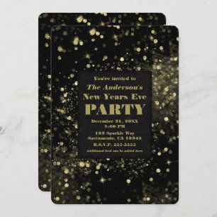 Black & Gold Sparkling Lights New Years Eve Party Invitation