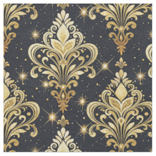 Black & Gold Sparkling Royal Floral Damask Pattern Fabric